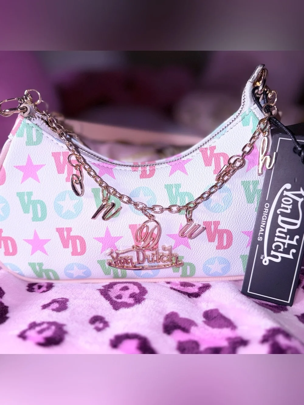 Von Dutch White Shoulder Bag with Pastel Pink, Green & Blue Logo Print